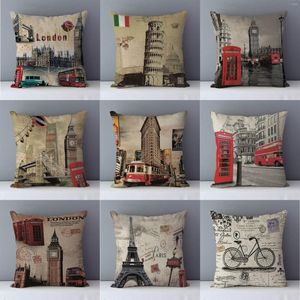 Travesseiro de travesseiro retro nostálgico Londres Paris Cenário de fronhas de almofada doméstica Cushion Cover Sofá do quarto