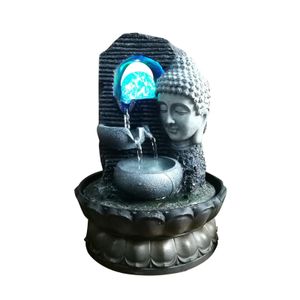 Deko-Objekte, Figuren, Buddha-Tisch-Wasserfall-Brunnen mit beleuchteter rollender Kugel, kreisförmiger Wasserfluss, LED-Statue, Ornament-Skulptur für Schreibtisch 221203