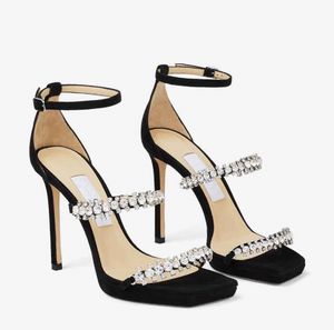 Elegante verão senhora bing sandália sapatos cinta de cristal sandálias de camurça preta saltos altos com sapatos de casamento saltos finos festa com caixa tamanho 35-43