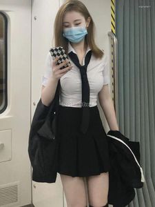 衣料品セット2022韓国スタイルの夏の短袖の女の子甘いスリムJKユニフォームスカートセクシーなポロカラーホワイトスーツ