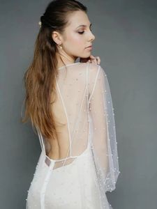 Zweiteilige Perlenbluse mit tiefem V-Ausschnitt, sexy Straps-Langarm-Hochzeitskleid aus heller Gaze in Weiß FN1242