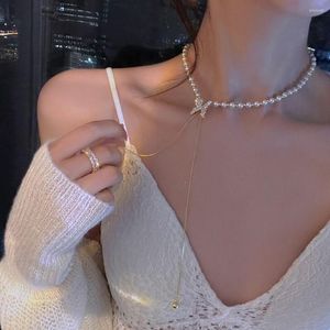 Choker Korean Style Long Butterfly Pearl Necklace Party Jewellery Pendant Matching Dress Chain Rhinestone Grace Women Clavicle Chains