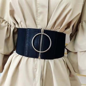 Belts Women Gothic Corest Waist Belt Ultra Wide For Dresses Ladies Elastic Female Big Metal Circle Ring Black Strap