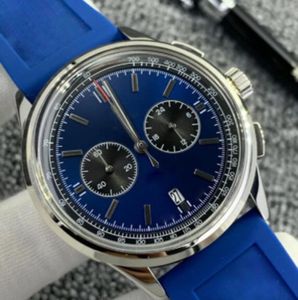 Herrkvarts titta på kronograf höger premiär 42mm silver rostfritt stål blå urtavla gummiband lyxklocka master design julklapp analog armbandsur