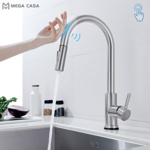 Kökskranar Dra ut smart touch för sensor Vatten Tap Sink Mixer 360 Rotera kontroll S 221203