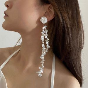 Stud Earrings Design Sense Abnormal Baroque Natural Pearl White Rose Beaded Fringe Exaggerated Long Single Earring For Women's Fashion