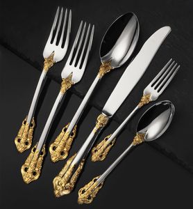 Conjuntos de utensílios de jantar Serviço de talheres de 30 peças para 6 pessoas Gold vintage 24K Praado de aço inoxidável 1810 Hold Hollow Calheres Presente de casamento 221203