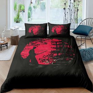 Set di biancheria da letto Samurai giapponese Set di biancheria da letto KingQueenFull Size Japan Sunset Scenery Building Silhouette Copripiumino in poliestere Uomo Nero Rosso 221208