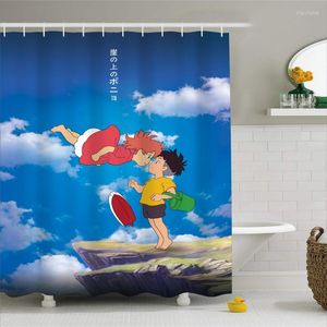 Duş perdeleri 3d baskı perdesi ponyo üzerinde uçurum anime sevimli karakter banyosu polyester su geçirmez mavi banyo seti kancalar