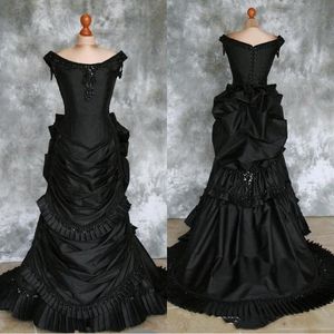 Black Gothic Wedding Gown Vintage Long Victorian Bustle Bridal Dresses Beading Scoop Neck Sleeveless Ruched Vampire Masquerade Vestido