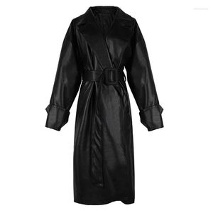 Women's Leather DISCVRY Long Oversized Trench Coat For Women Sleeve Lapel Loose Fit Fall Stylish Black Clothing Streetwear