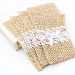 Gift Wrap 5st Natural Burlap Lace Silverware Bag redskapshållare Bestick Pouch Hessian Knife Fork Tabell Provisväskor för bröllopsfestdekor