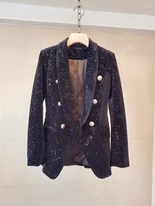 Damenanzüge SLMD Vintage Chic Shiny Black Velvet Blazers Frauen Zweireiher Langarm Kerb Blazer Mantel Damen Elegante Tops