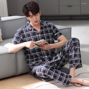 Men's Sleepwear Cotton Pijama For Men 2 Pieces Short Sleeve Pyjamas Plaid Spring Bedgown Home Clothes PJs Pure Pajamas Set