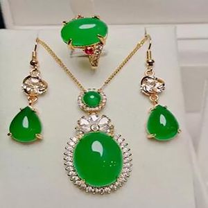 Natural Jewelry Women Green Jade Oval Pendant Necklace Earrings Ring set