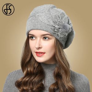 Berets FS Women Knitted Wool Hats Winter Flowers Warm Female Cap Girls Beanies Rabbit Fur Hat Gorros Bonnet Femme Hiver 221205