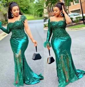 Designer Dark Green Evening Dresses Long Sleeves One Shoulder Mermaid Sequins Floor Length Plus Size Pleats Prom Gown Formal Custom Vestidos