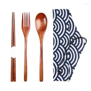 Utensílios de jantar definidos H55A Mesa de madeira 3 peças talheres de estilo japonês conjunto em uma bolsa oriental com