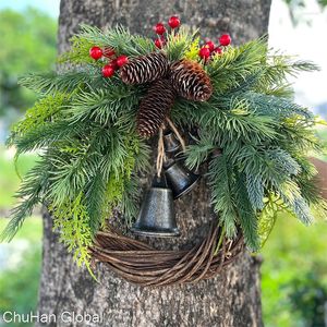 Decorative Flowers ChuHan Rustic Christmas Rattan Wreath Garland Farmhouse Decor With Bell Front Door Hanging Year Gift