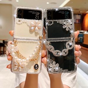 Luxury Fashion Handmade Diamond Crystal Cases Pearl Crown Heart Bracelet Bling Glitter Clear PC Shockproof Cover With Wrist Strap For Samsung Z Flip 2 3 4 Flip4 Flip3