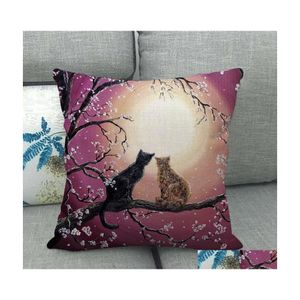 Kuddefodral Cherry Blossoms Printing Pillow Case Lovely Cat Mönster FLAX Fashion Cushions Fall Hemdekoration 4 2JW J2 Drop Delive DHSX4