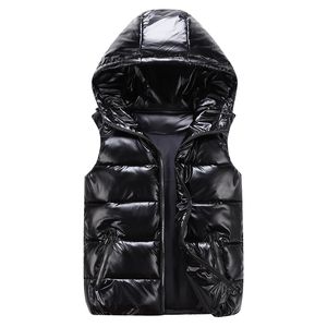 Men s Vests Man woman child Winter Hooded Glossy Cotton Casual Waistcoat Sleeveless Jacket Warm Overcoats Hat 221205