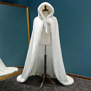 Długie ciepłe ślubne peleryny zimowe kurtki białe sztuczne kobiety płaszcza długość podłogi panna młoda szal futra peleryna dla dorosłych małokatołów CL1560