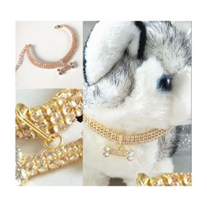 Dog Collars Leashes Diamond Cat Dog Collars All Season Gold Pink Pets Chains Cute Lovely Bone Pendant Collar For Chihuahua Bichon Dh4To