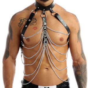 Hängslen män sexig sele bälte justerbar pu läder sele hane punk gotisk metall oring chain haler body axel bröst bälte klubbkläder 221205