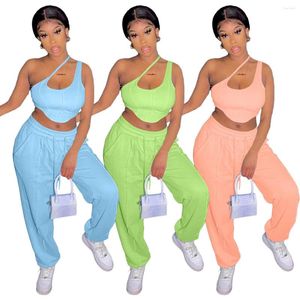 Kvinnors tr￤ningsdr￤kter Casual Cut Out Two Piece Set Women Sportwear One Shoulder Sling SK Neck Crop Top Sweatpants Slim Matching Jogger Suits