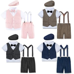 Suits baby pojkar kläder set spädbarn formell småbarn bröllop födelsedagsfest kostym blazer gentleman skjorta shorts väst hatt 4 st 221205