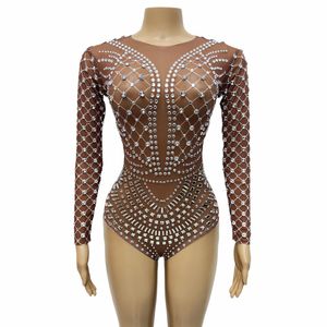 Sexy Nightclub Bar Stage Wear Shining Rhinestones Mesh Bodysuit Transparent Crystals Elastic Leotards Dance Costume Women DJ Dancer Team Performance Tights