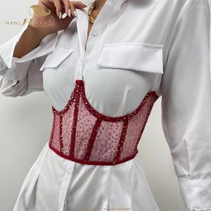 Belts SISHION Women's Sheer Underbust Corset Tops Wine Red Black Strapless Tie Back Boned Bustier Sequin Waist Cincher QZ0485