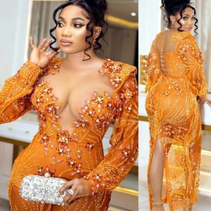 2023 Arabic Aso Ebi Orange Luxurious Prom Dresses Beaded Crystals Lace Evening Formal Party Second Reception Birthday Engagement Gowns Dress ZJ550