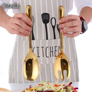 Servis upps￤ttningar Big Salad Spoon Fork Set rostfritt st￥l K￶k Matserver Pasta redskap Public Gold Tabellery med Buffet Restaurant Tools 221205