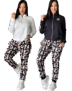 2023 Zipper Two Piece Pants Tracksuit Women Outfits mode tryckt blixtlåsjacka och svettbyxor sätter gratis fartyg