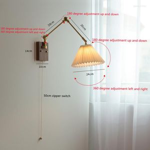 Vägglampa japansk stil veckad säng alla koppardesigner lång arm foldingtelescopic bälte pull switch