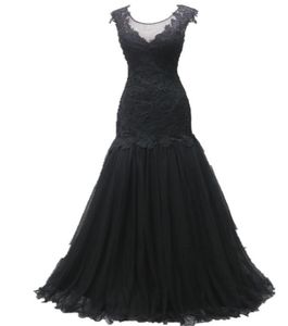 Jewel Black Tulle Mermaid Evening Dresses Applique Runway Fashion Prom Dress See-through Back