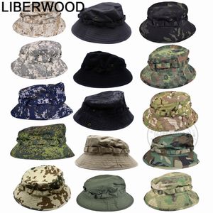 Chap￩us de aba larga Bucket Liberwood Boonie Hat Tactical Militar para homens Safari Mulheres ca￧ando pesca ao ar livre camuflagem de camuflagem algod￣o Sun Cap 221205