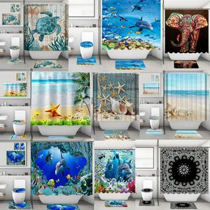 4 pezzi/set tenda da doccia per bagno tappetino da toilette oceano spiaggia stella marina conchiglia delfino tartaruga marina tappetini da bagno impermeabili stampati tende con tappeti antiscivolo