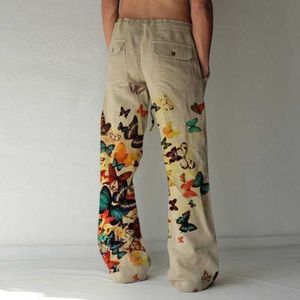 Men's Pants New Men's Cotton Linen Pants Casual Butterfly Print Trousers Pocket Drawstring Sweatpants Daily Simple Loose Pantnes Hombre T221206