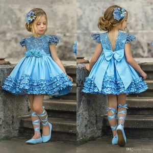 Sukienki dla dziewczynek niebieski mały kwiatek dziewczyny z krótkim rękawem perły księżniczka dziecięca suknia do pierwszej komunii do kolan maluch sukienka do chrztu