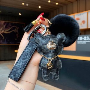 Designer keychain bear leather fur ball charm key chain car pendant metal fashion personality creative couple checkered variety of251G