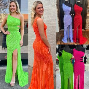 Sequin Prom Dress 2023 Cutout Slit Side Fitted One-Shoulder Winter Formal Evening Wedding Party Gown Pageant Gala Runway Red Carpet Periwinkle Orange Green Fuchsia