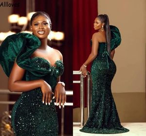 African Girls Dark Green Sequined Prom Dresses Sexy One Shoulder Ruched Mermaid Evening Gowns Aso Ebi Sweep Train Second Reception Formal Dress Plus Size CL1555