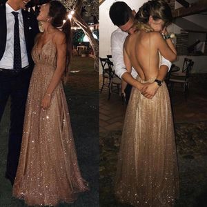 Rose Gold Long Prom-jurken Nieuwe champagne sexy v-hals spaghetti riemen lovertjes formele feest avondjurken vestido de gala