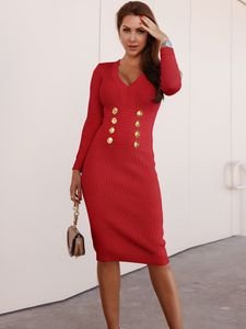 Party Dresses Women Autumn Winter Slim Fit V Neck Long Sleeve Solid Color Double Breasted Knit Sweater Dress For Fashion 221203