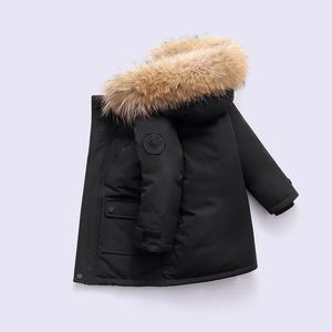 2023 Vinterdesigner Kids Coat Down Jacket For Boys Real Raccoon päls tjock varm baby ytterkläder rockar 2-12 flickor jackor år barn