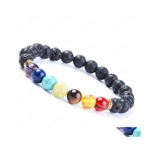 Beaded 8mm Lava Rock 7 Chakras Essential Oil Diffuser Armband Natural Stone Yoga Pärlor Bangle Stretch Armband Drop Delivery Jewelr Dhurc