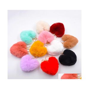 Keychains Lanyards Cute Fluffy Heart Keychain Women Pom Fake Rabbit Fur Key Chains Girl Bag Hang Car Ring Jewelry Accessories Drop Dhlhb